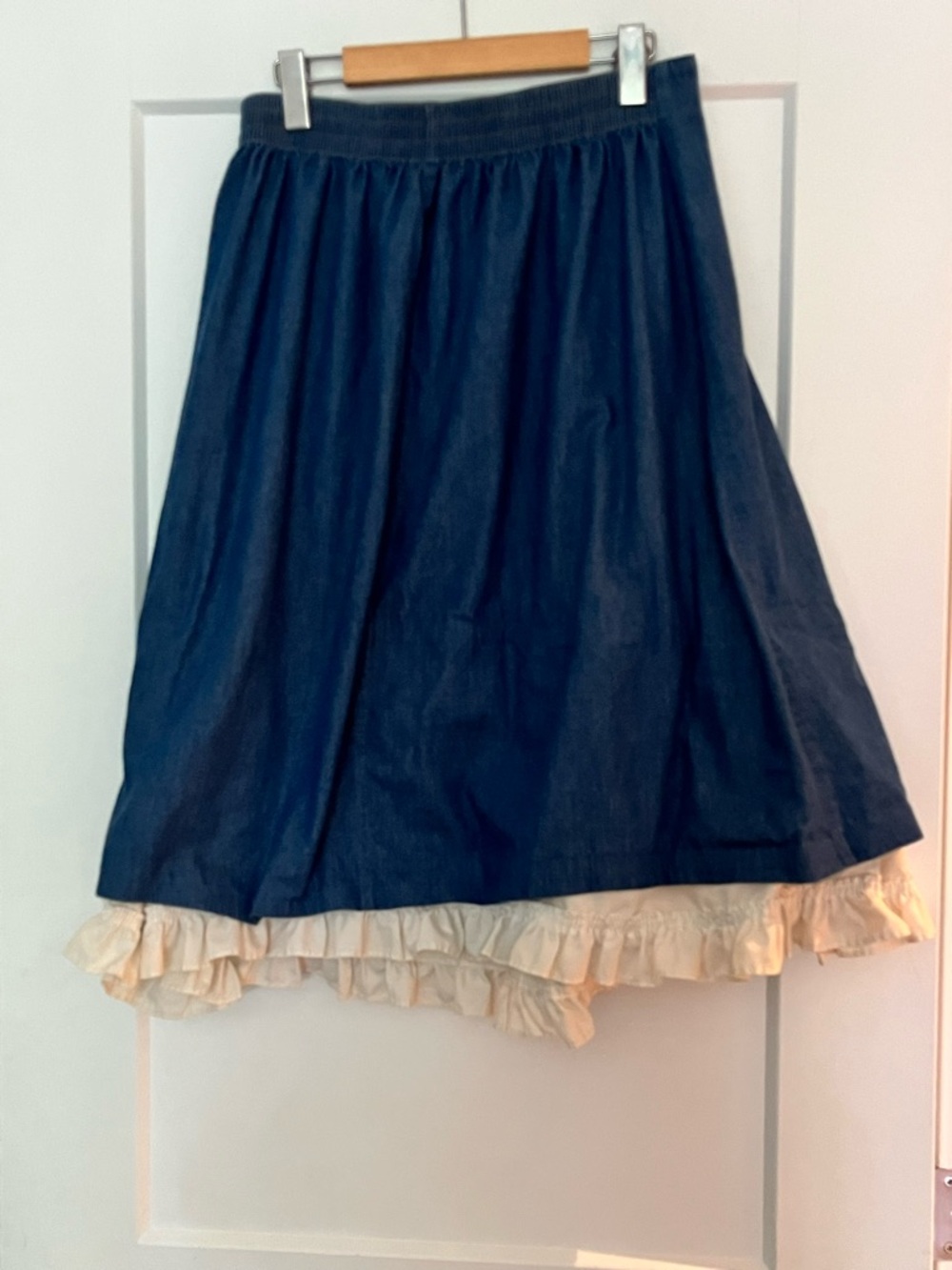 Vintage 80s 90s 100% Cotton UK Made Denim Ruffle Layered Midi Skirt M/L